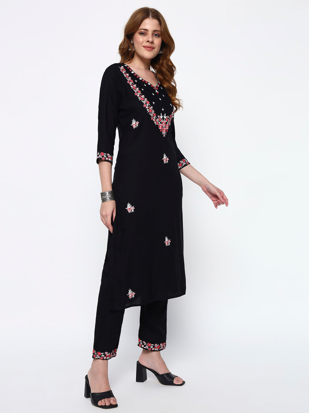 Black Embroidery Cotton Blend Straight Kurta Pant Dupatta Set