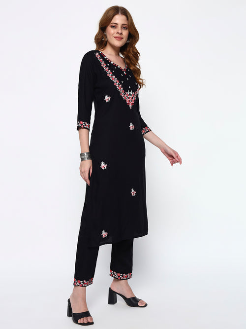 Black Embroidery Cotton Blend Straight Kurta Pant Dupatta Set