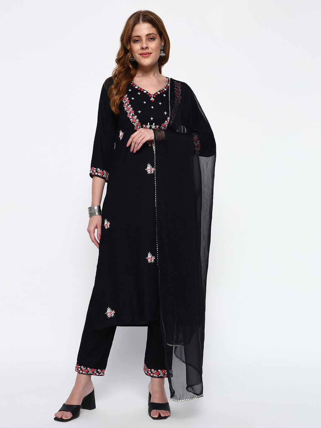 Black Embroidery Cotton Blend Straight Kurta Pant Dupatta Set