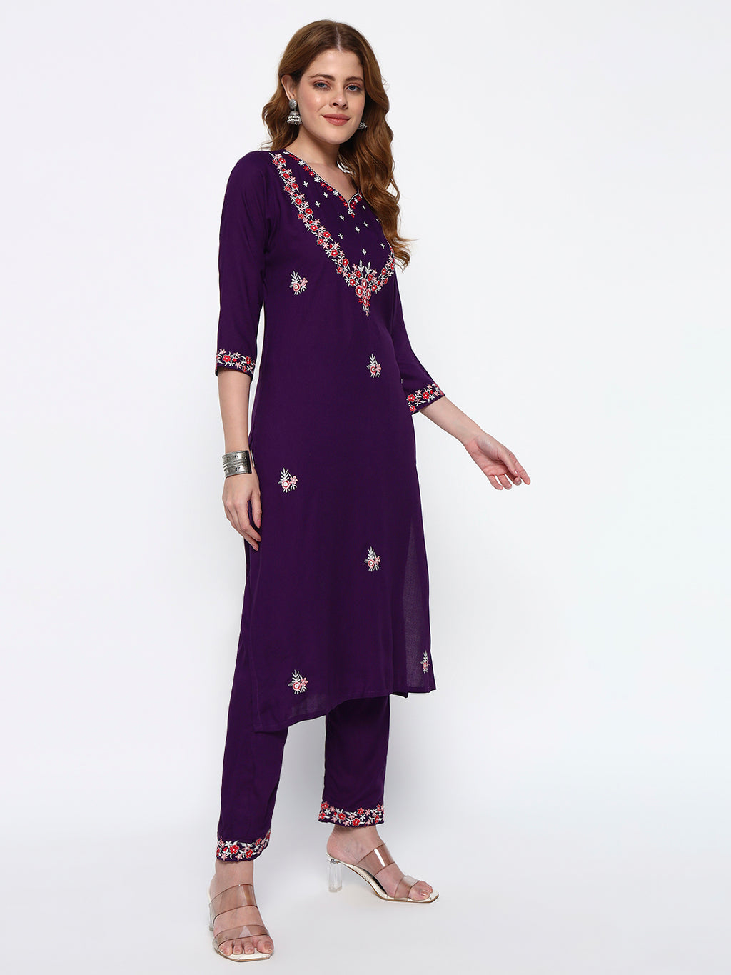 Purple Embroidery Cotton Blend Straight Kurta Pant Dupatta Set