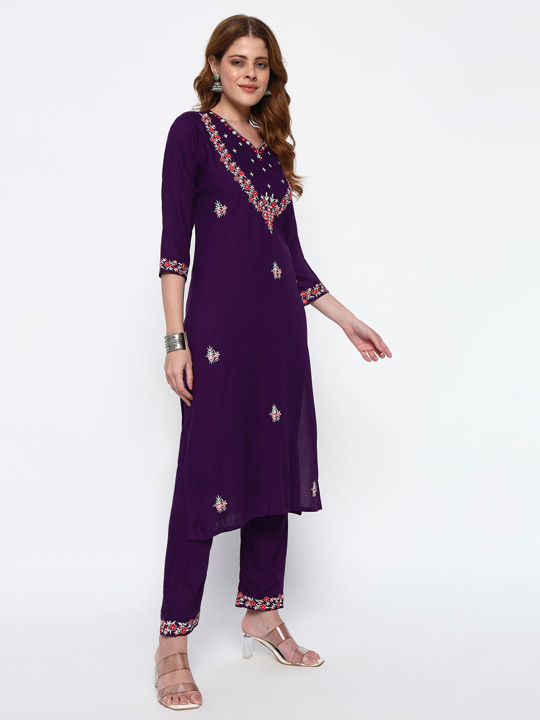 Purple Embroidery Cotton Blend Straight Kurta Pant Dupatta Set