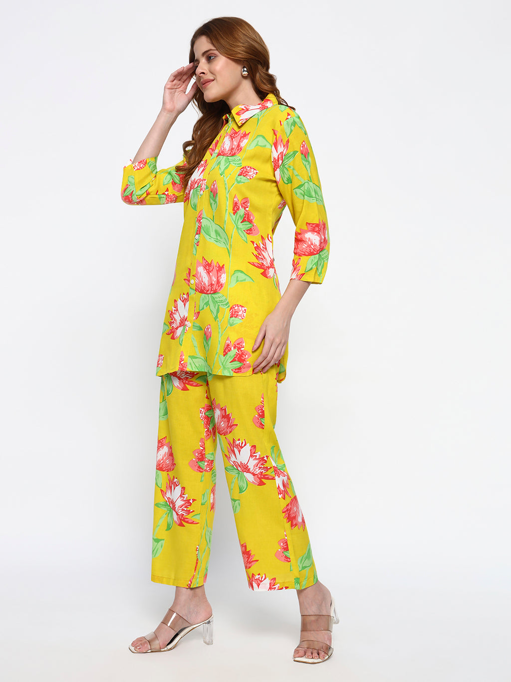 Yellow Floral Printed Cotton Blend Co-Ord Set (Copy)