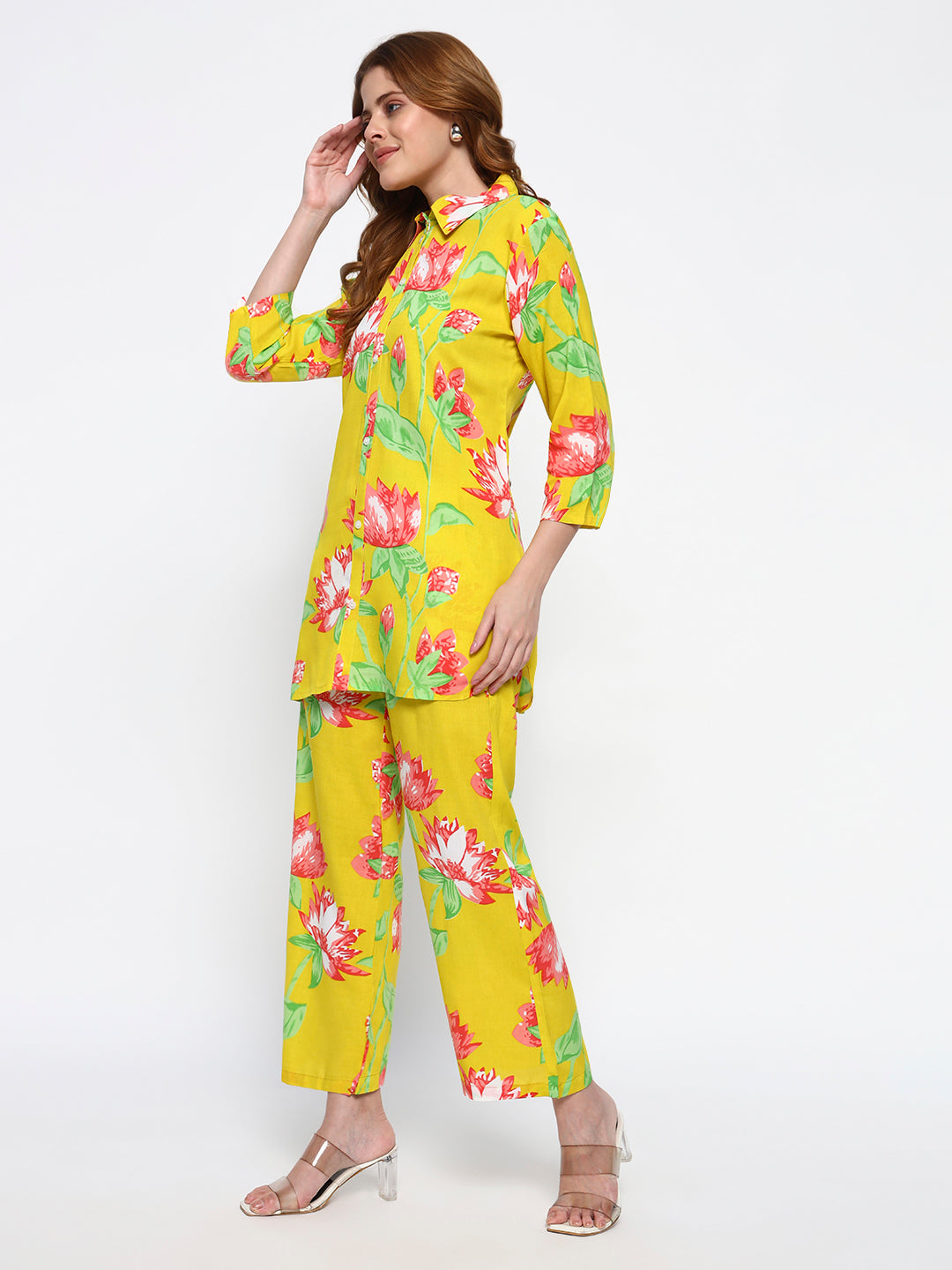 Yellow Floral Printed Cotton Blend Co-Ord Set (Copy)