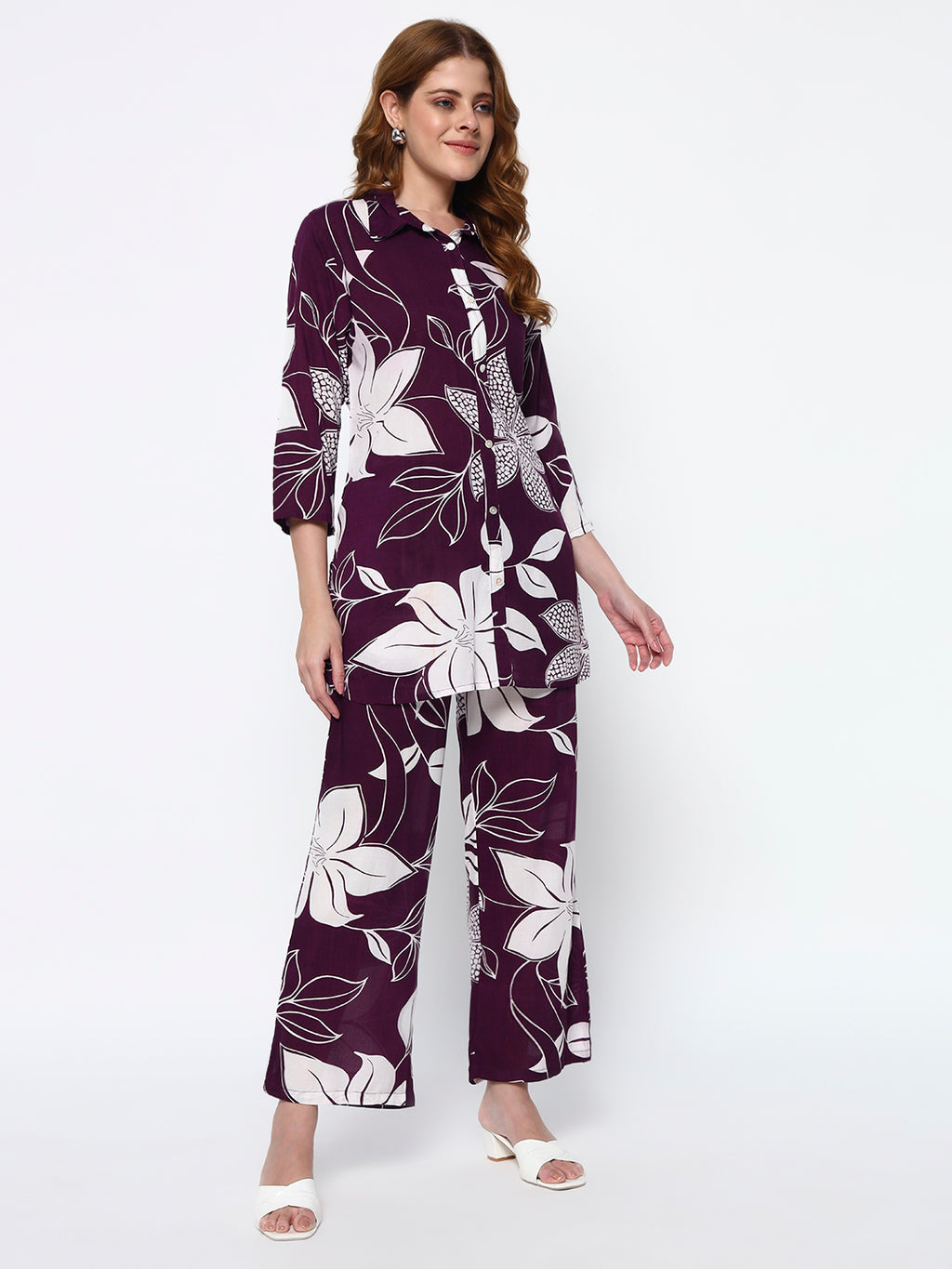Purple Floral Printed Cotton Blend Co-Ord Set