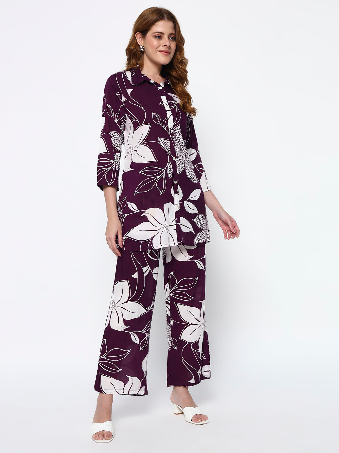 Purple Floral Printed Cotton Blend Co-Ord Set