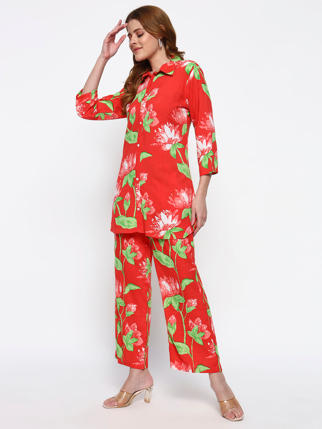 Pink Floral Printed Cotton Blend Co-Ord Set