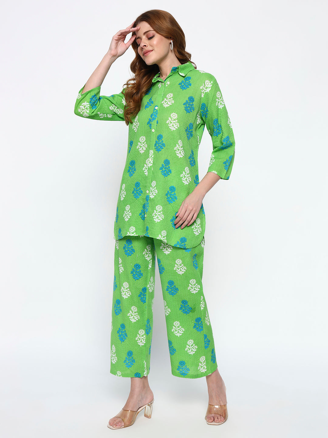 Green Printed on cotton Katha fabric Co-Ord Set