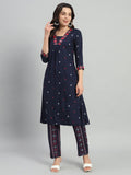 Blue Printed Cotton Blend A-line Suit Set