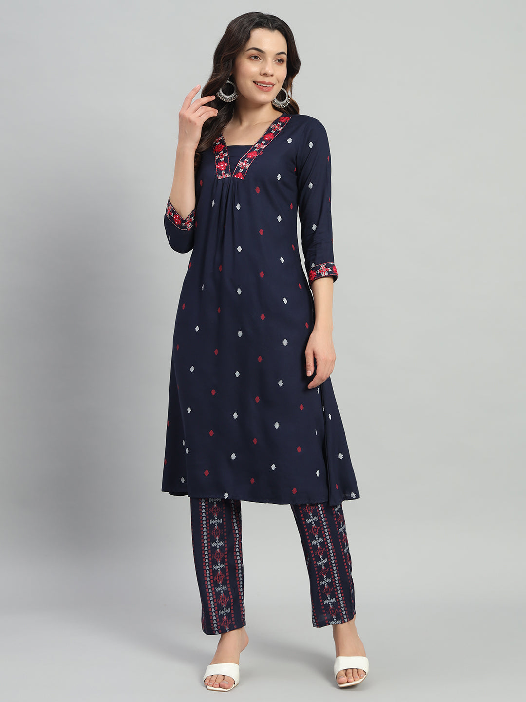 Blue Printed Cotton Blend A-line Suit Set