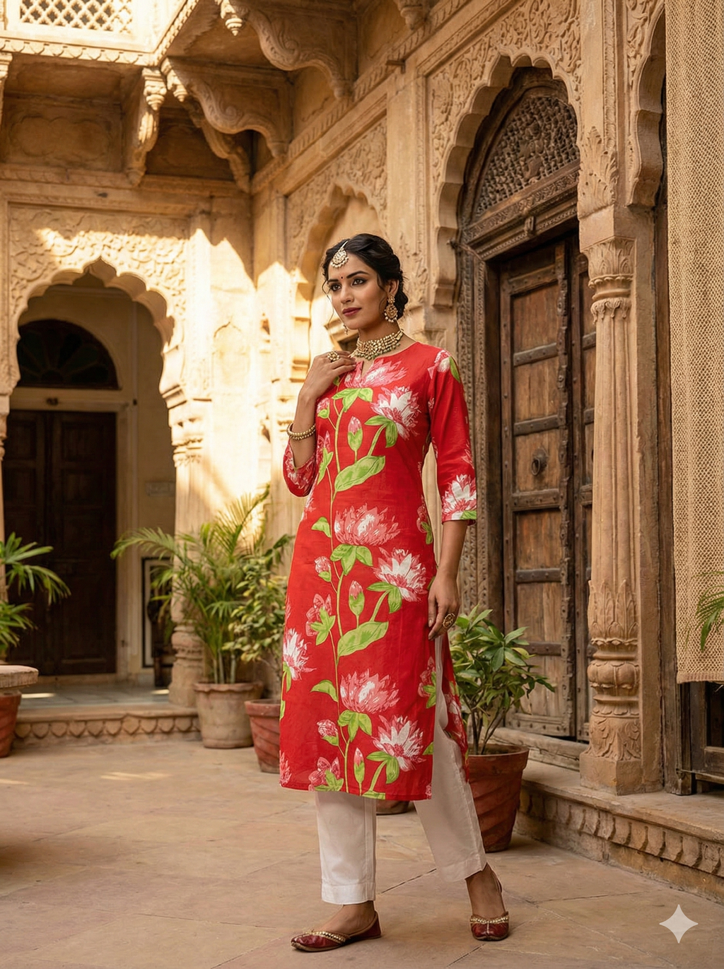 Pink Floral Printed Rayon Straight Calf Length Kurta