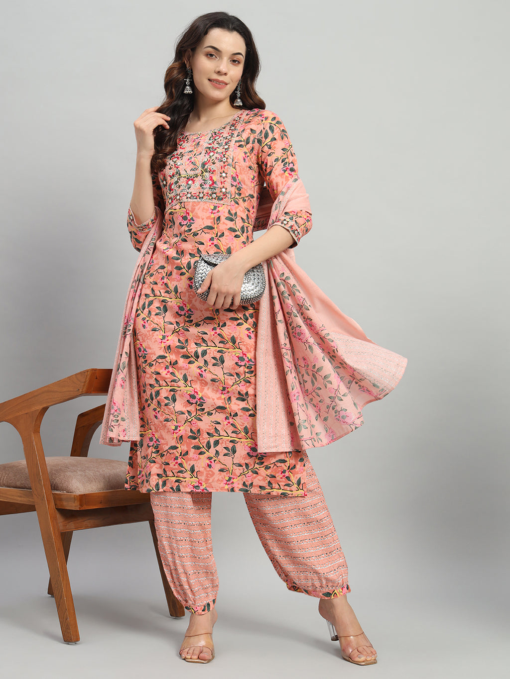 Pink Embroidery Cotton Blend Straight Kurta Pant Dupatta Set