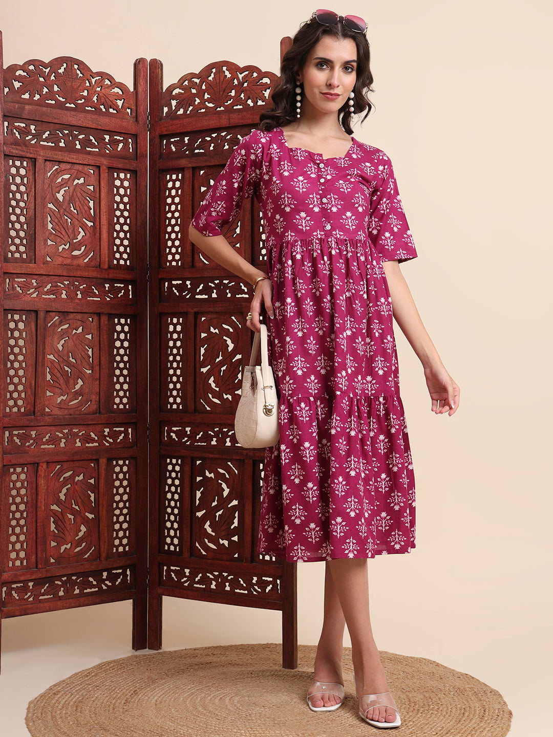 Ethnic Motifs Floral Printed Tiered Fit & Flare Ethnic Dress
