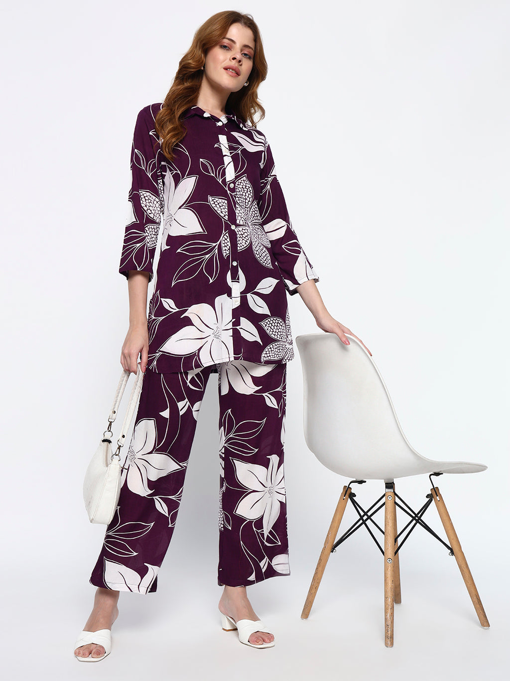 Purple Floral Printed Cotton Blend Co-Ord Set