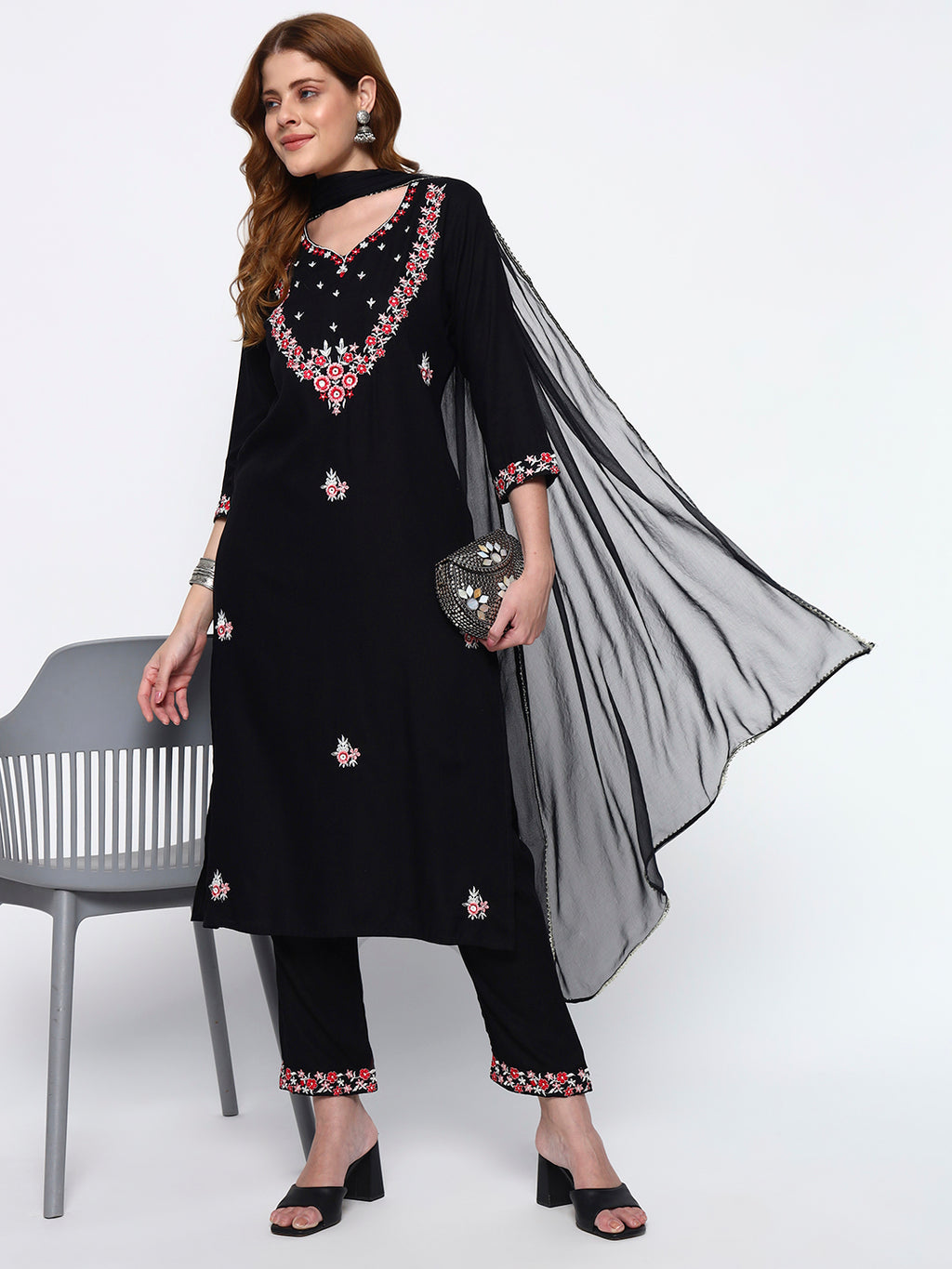 Black Embroidery Cotton Blend Straight Kurta Pant Dupatta Set