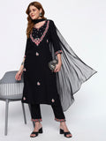 Black Embroidery Cotton Blend Straight Kurta Pant Dupatta Set