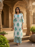 Blue Printed Cotton Blend Straight Kurta Pant Set