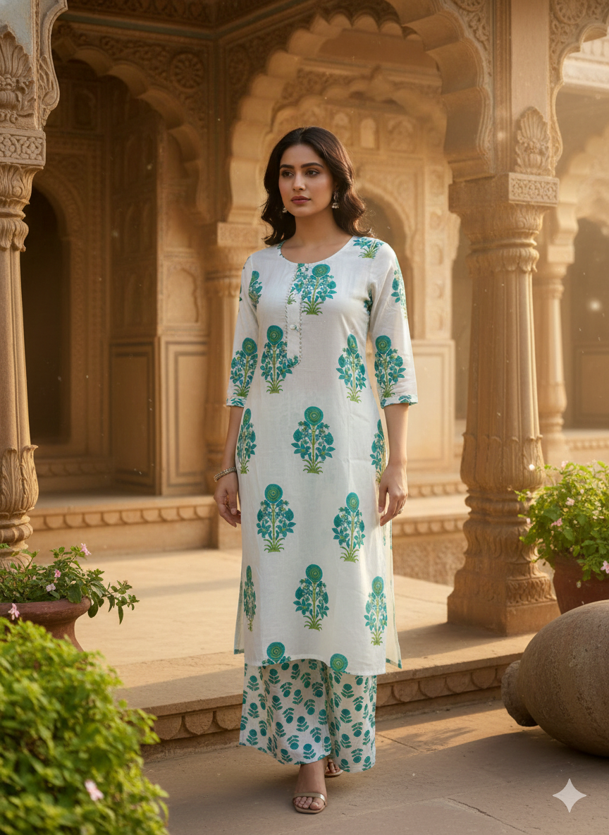 Blue Printed Cotton Blend Straight Kurta Pant Set