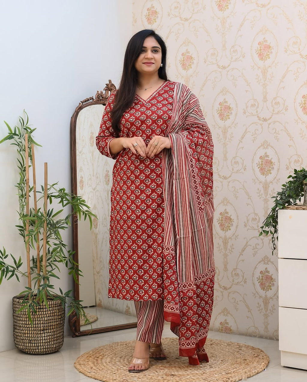 Red Printed Cotton Blend Straight Kurta Pant Dupatta Set