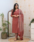 Red Printed Cotton Blend Straight Kurta Pant Dupatta Set