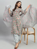 Grey Embroidery Cotton Blend Straight Kurta Pant Dupatta Set