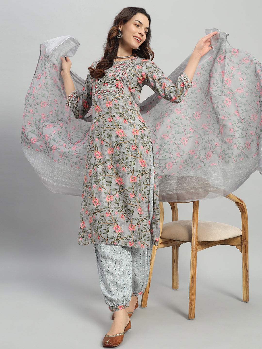 Grey Embroidery Cotton Blend Straight Kurta Pant Dupatta Set