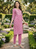 Pink Printed Cotton Blend Straight Kurta Pant Set