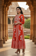 Orange Floral Printed Rayon Anarkali Knee Kurta
