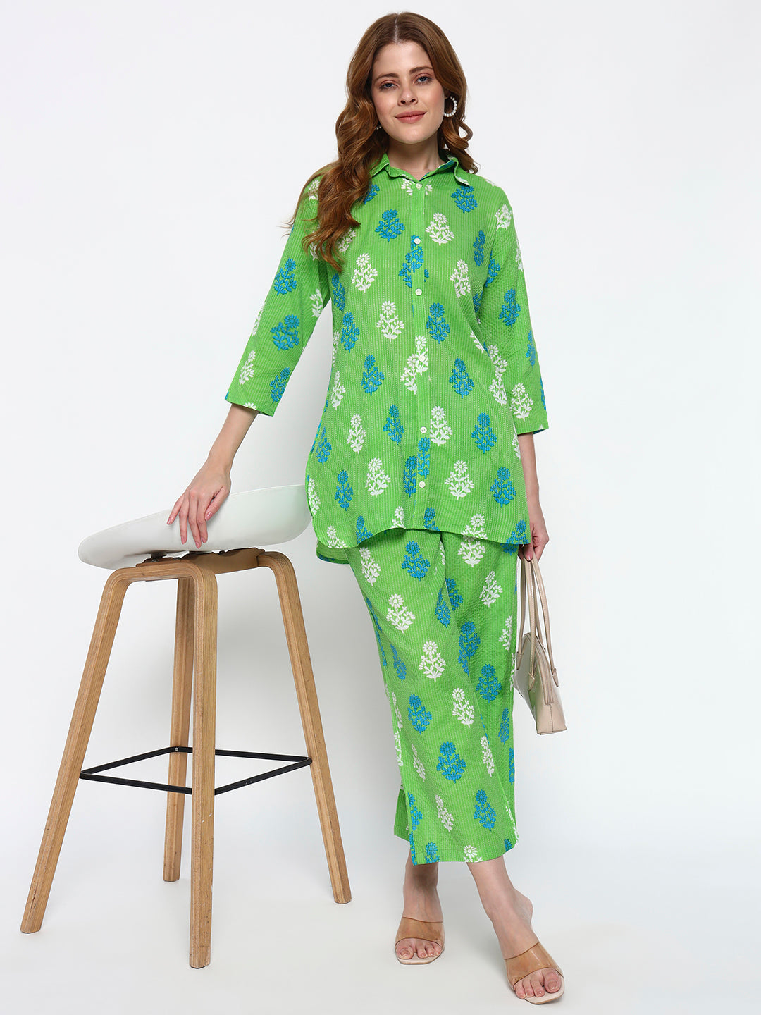 Green Printed on cotton Katha fabric Co-Ord Set