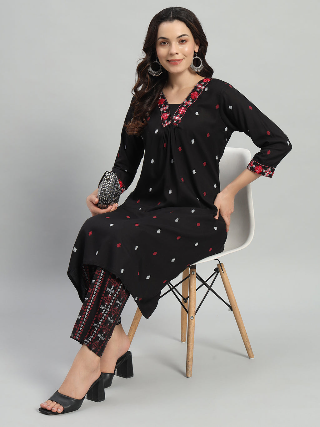 Black Printed Cotton Blend A-line Suit Set