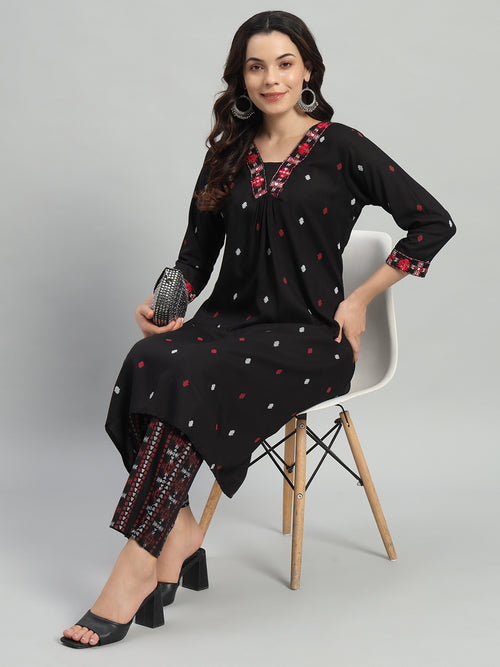 Black Printed Cotton Blend A-line Suit Set