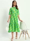 Green Ethnic Motifs Floral Printed Tiered Fit & Flare Ethnic Dress