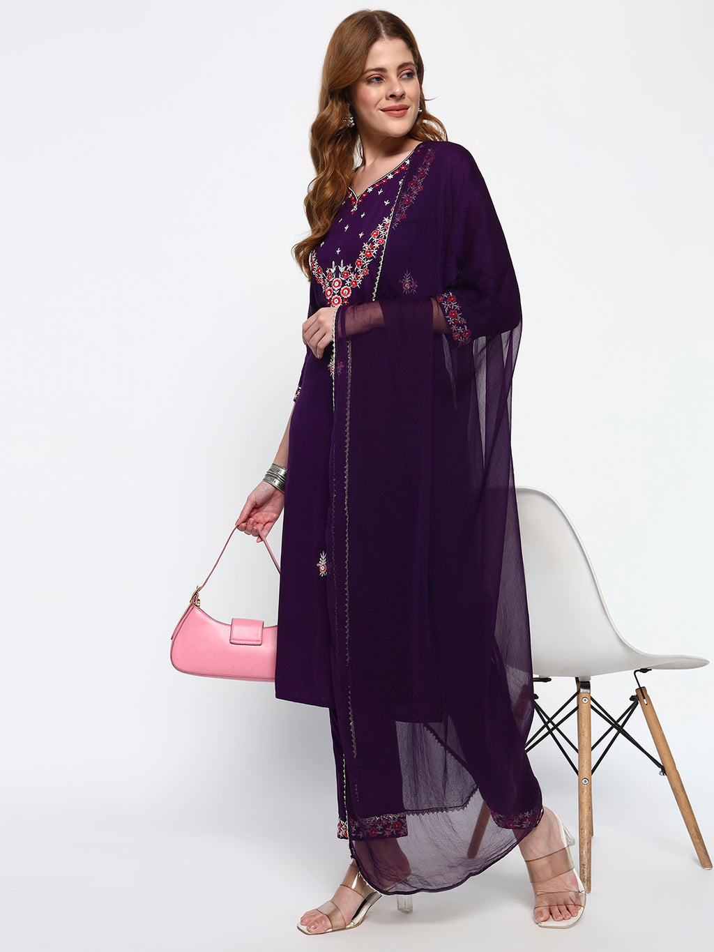 Purple Embroidery Cotton Blend Straight Kurta Pant Dupatta Set