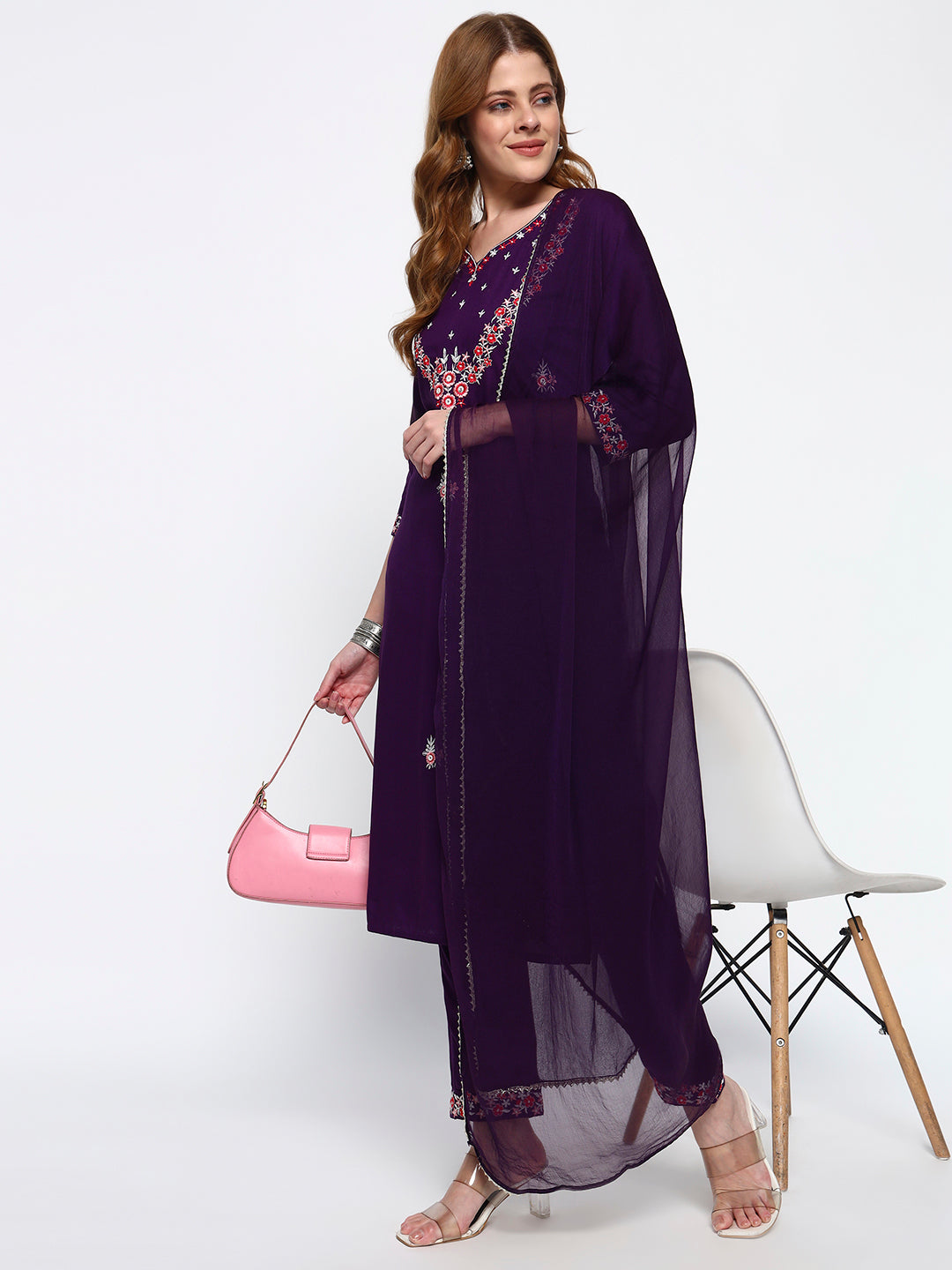 Purple Embroidery Cotton Blend Straight Kurta Pant Dupatta Set