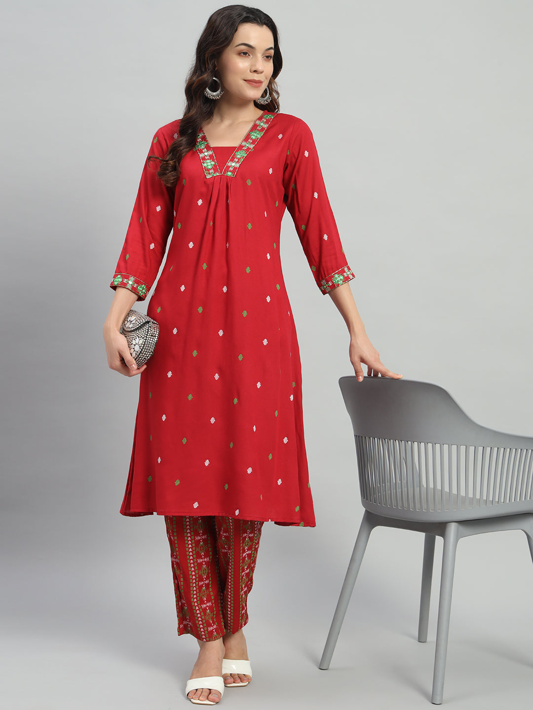 Maroon Printed Cotton Blend A-line Suit Set