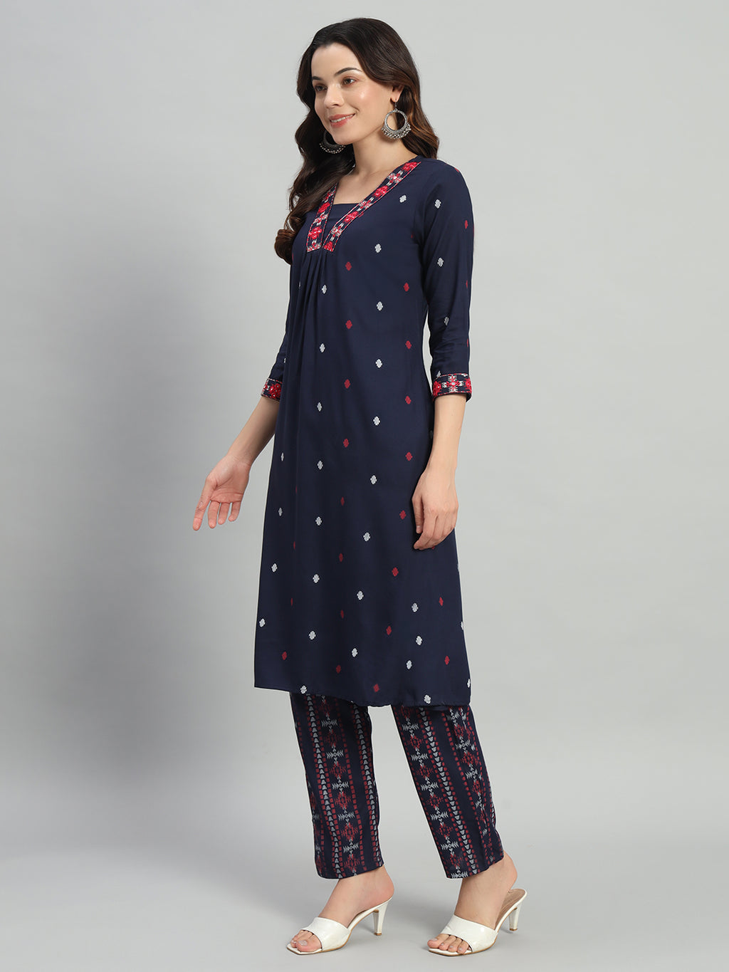 Blue Printed Cotton Blend A-line Suit Set