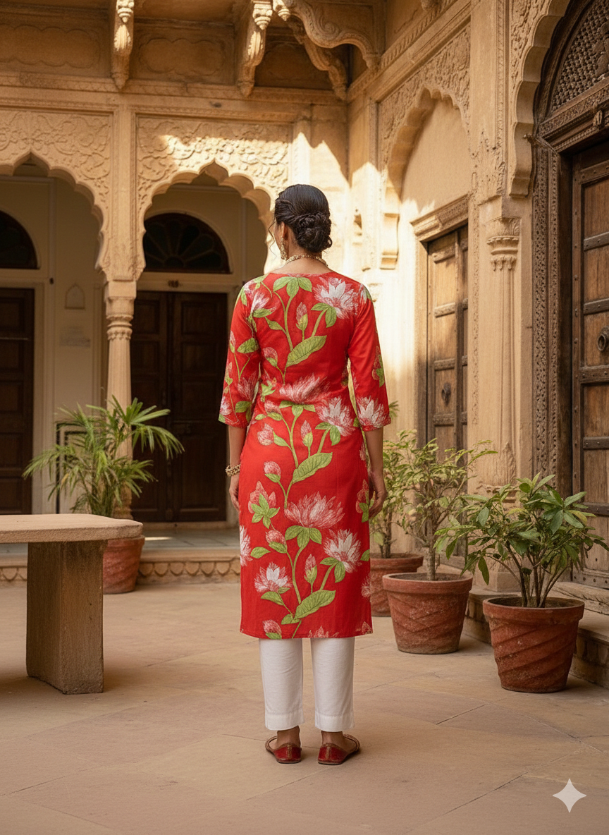 Pink Floral Printed Rayon Straight Calf Length Kurta