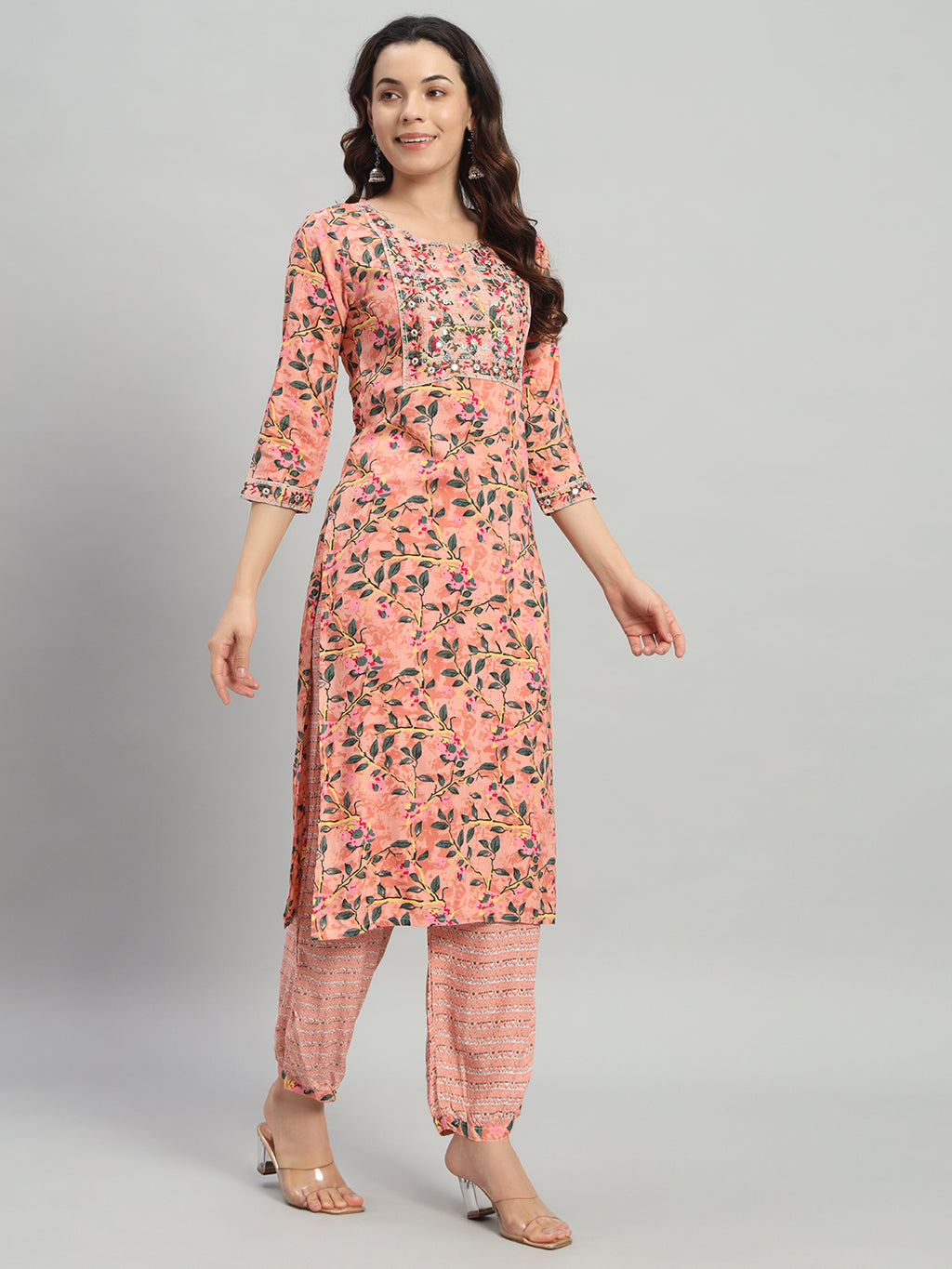 Pink Embroidery Cotton Blend Straight Kurta Pant Dupatta Set