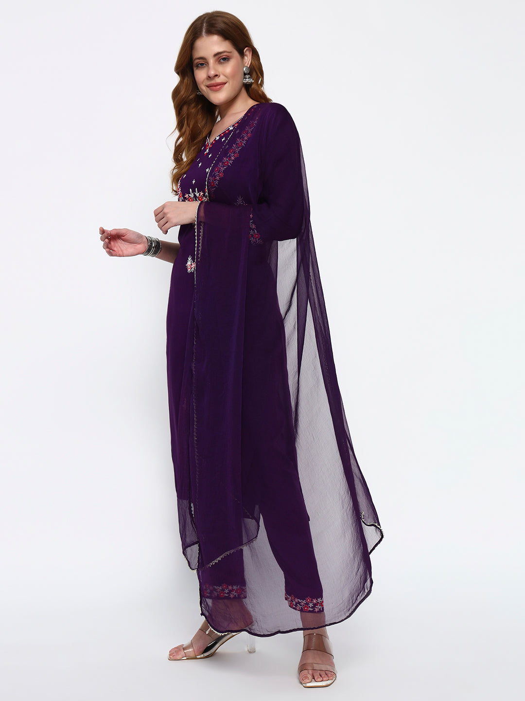 Purple Embroidery Cotton Blend Straight Kurta Pant Dupatta Set