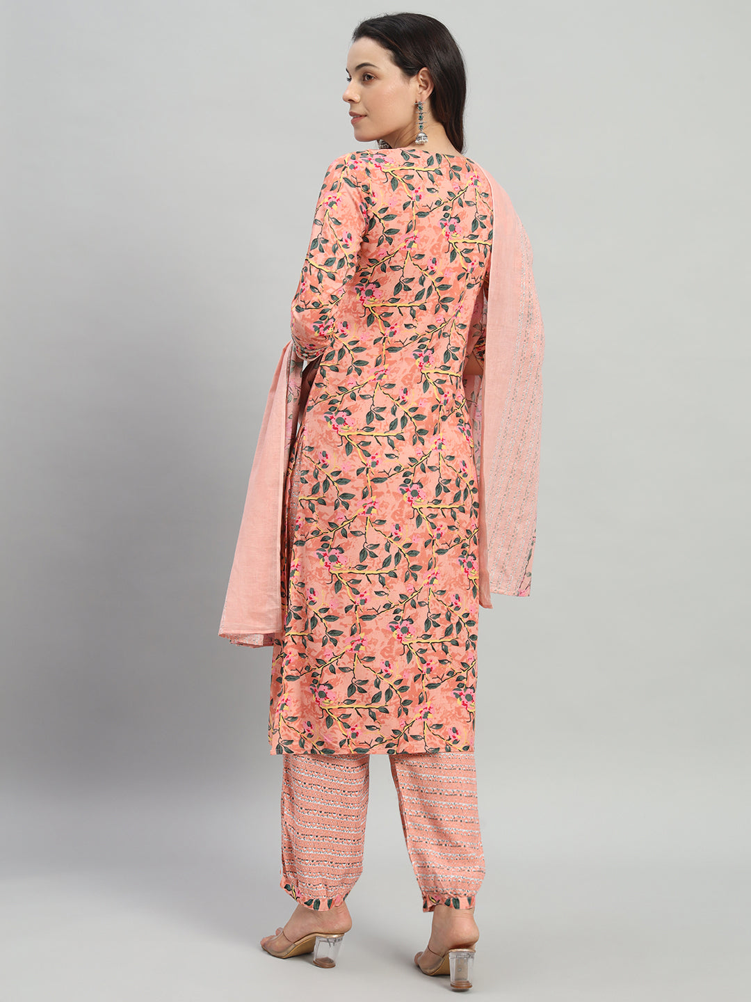 Pink Embroidery Cotton Blend Straight Kurta Pant Dupatta Set