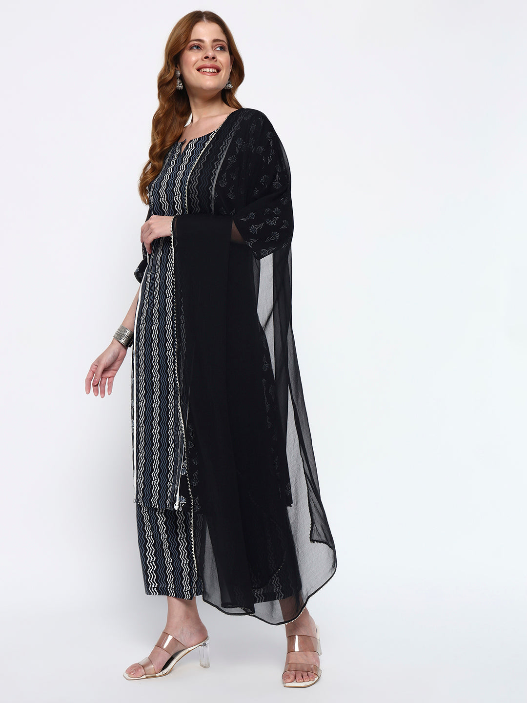 Black Printed Cotton Blend Straight Kurta Pant Dupatta Set