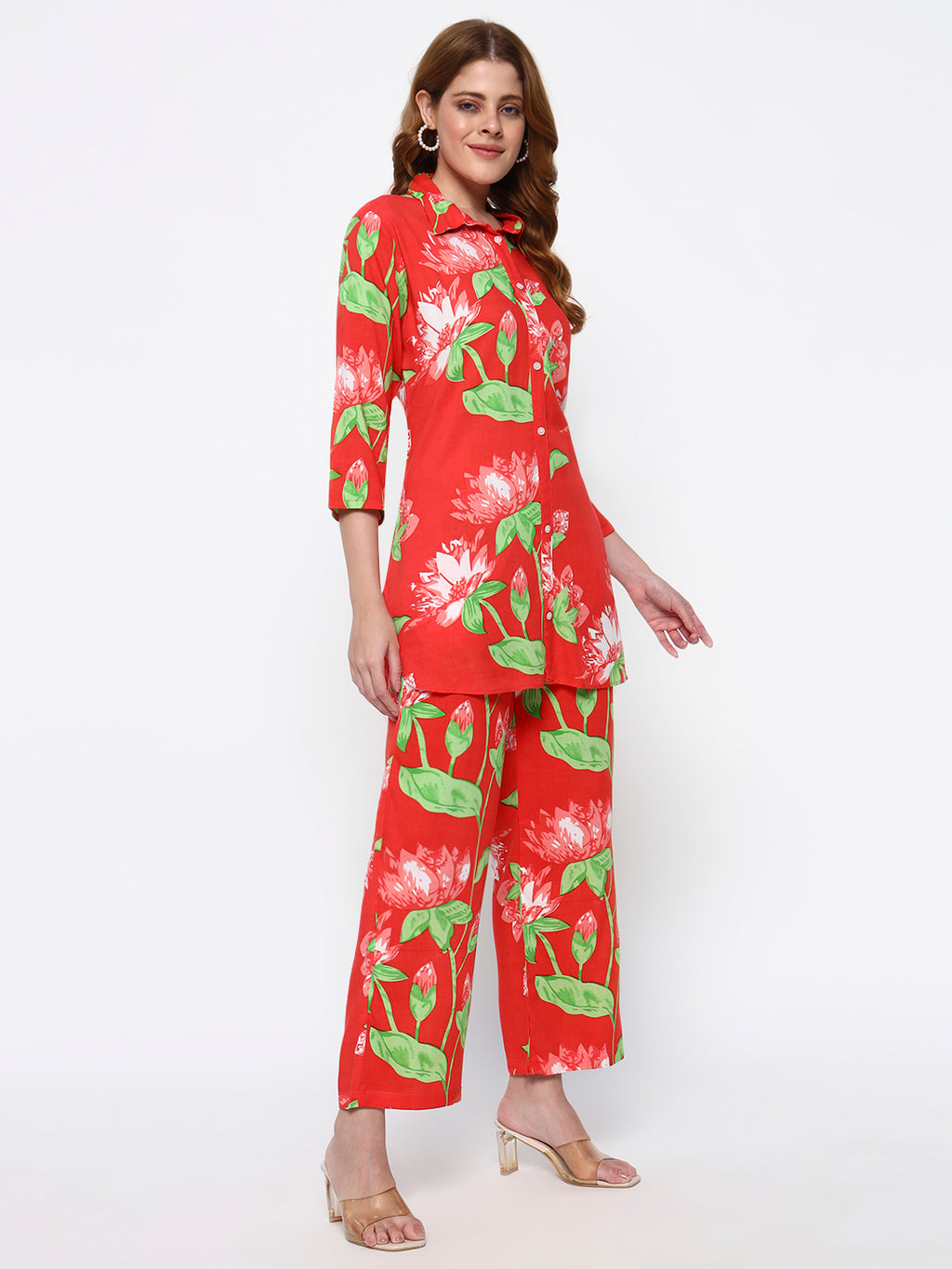 Pink Floral Printed Cotton Blend Co-Ord Set