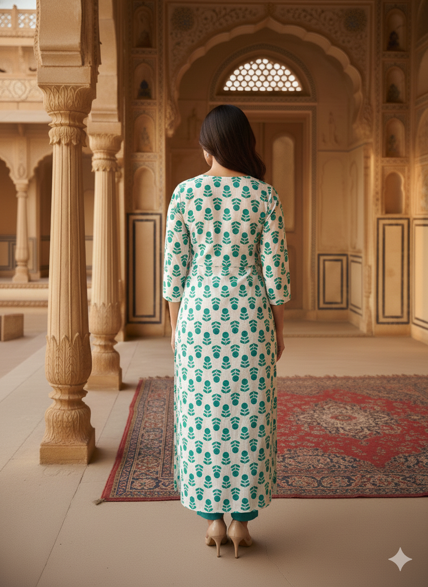 Blue Floral Printed Rayon Straight Calf Length Kurta