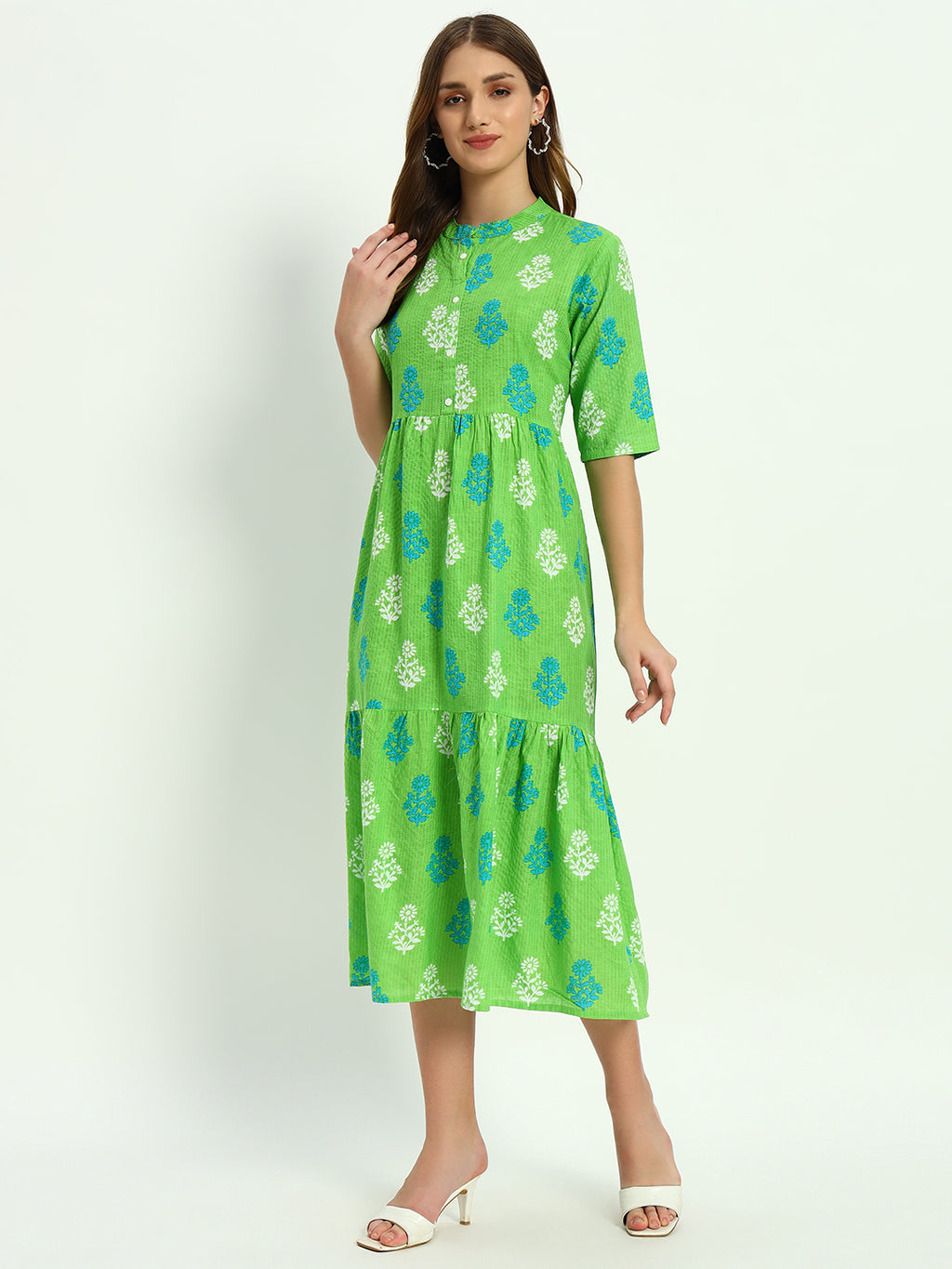 Green Ethnic Motifs Floral Printed Tiered Fit & Flare Ethnic Dress