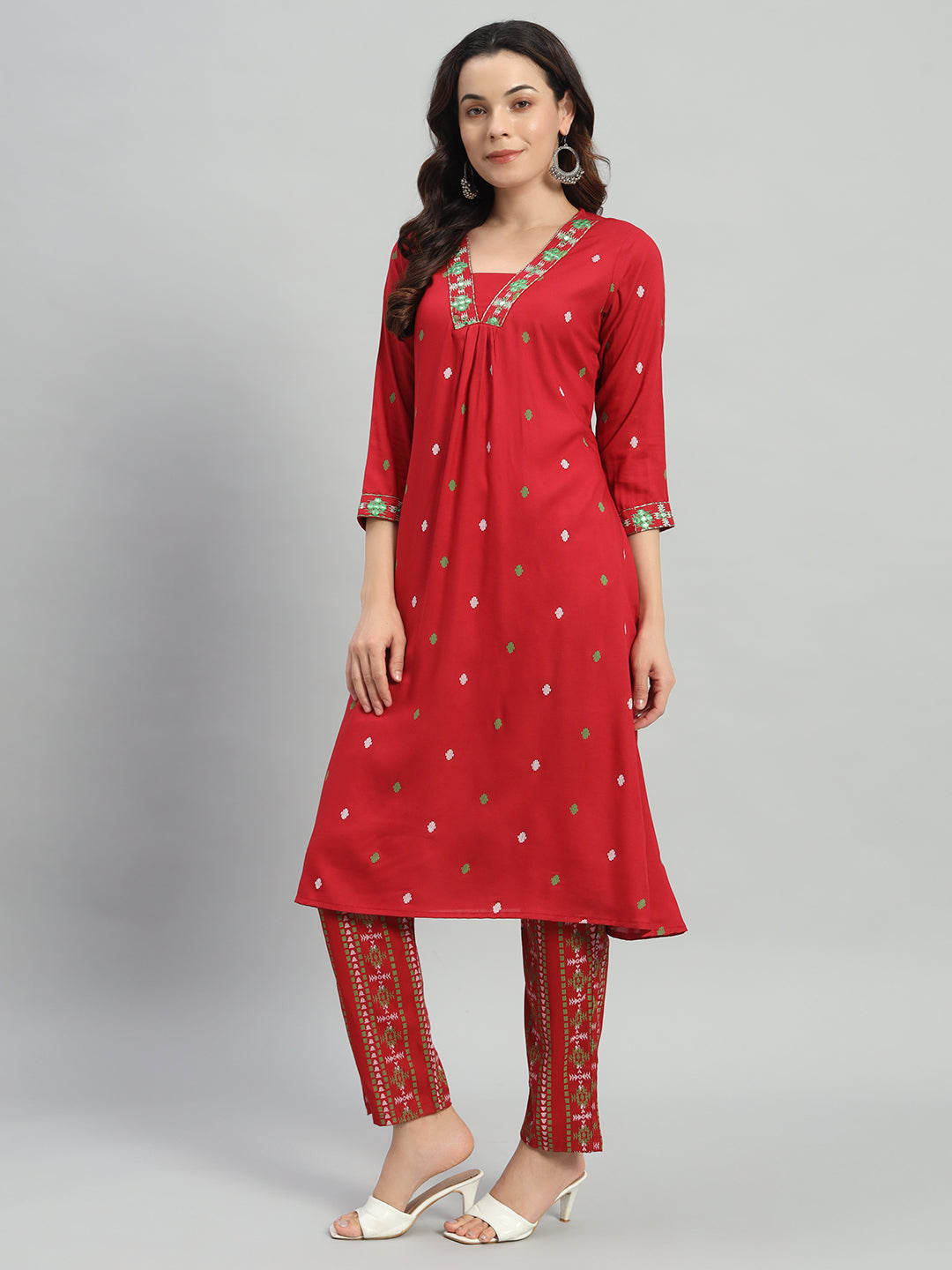 Maroon Printed Cotton Blend A-line Suit Set