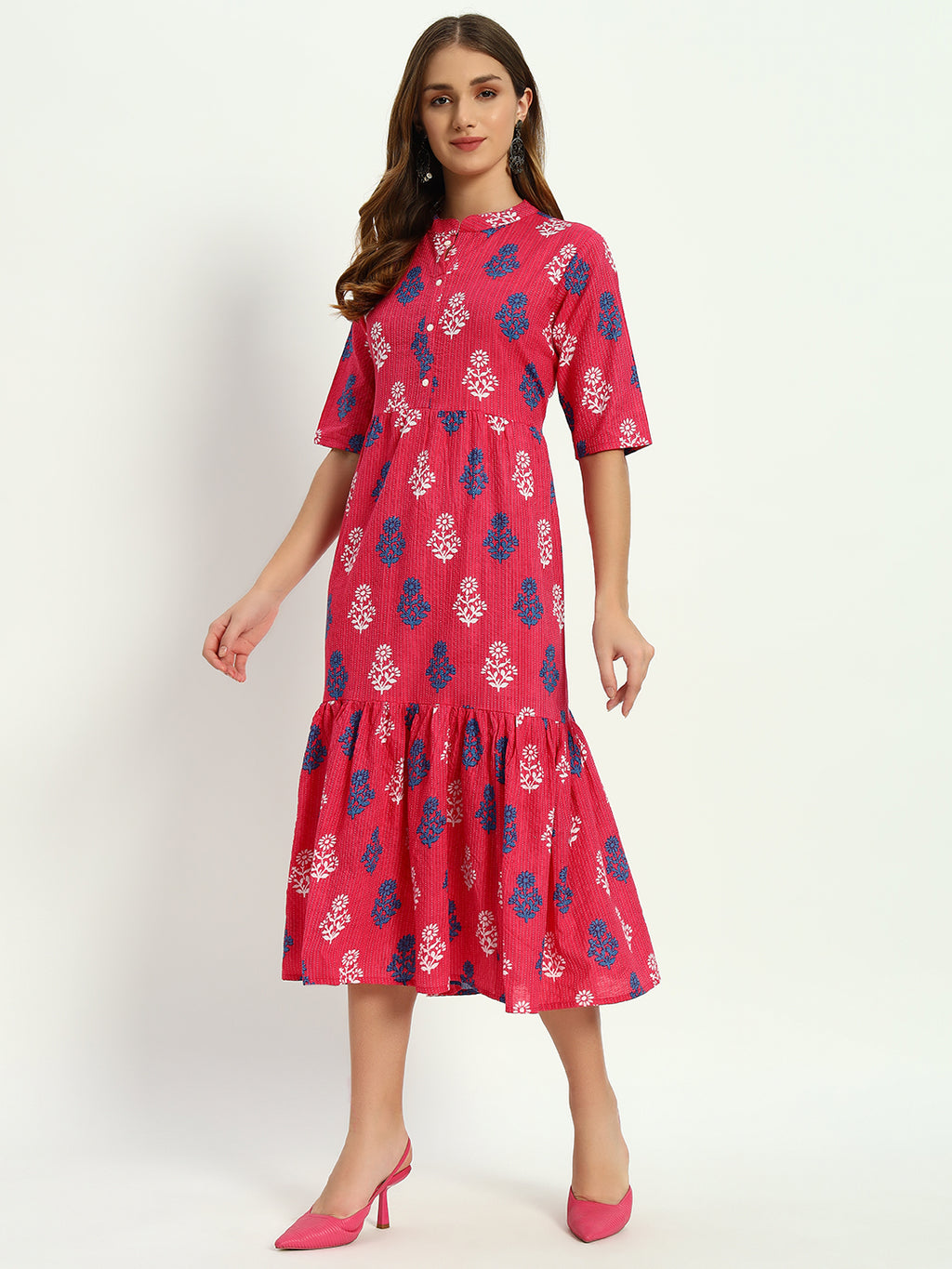Pink Ethnic Motifs Floral Printed Tiered Fit & Flare Ethnic Dress (Copy)