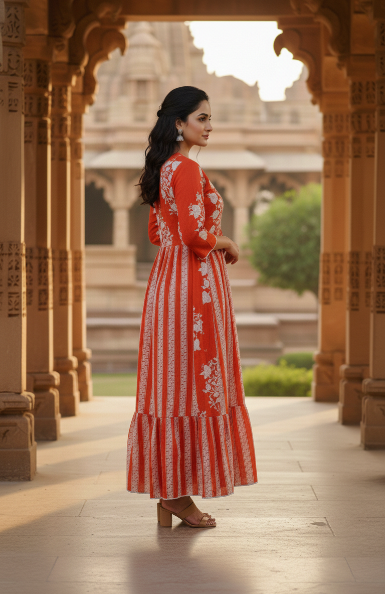 Orange Floral Printed Rayon Anarkali Knee Kurta