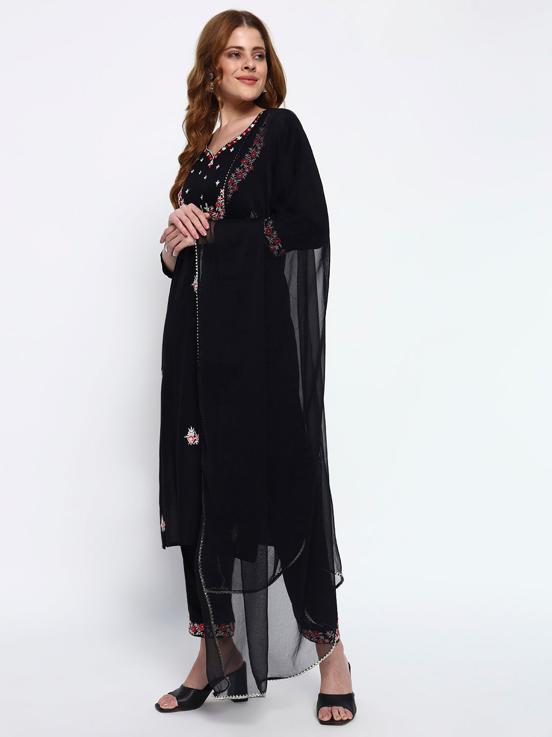 Black Embroidery Cotton Blend Straight Kurta Pant Dupatta Set