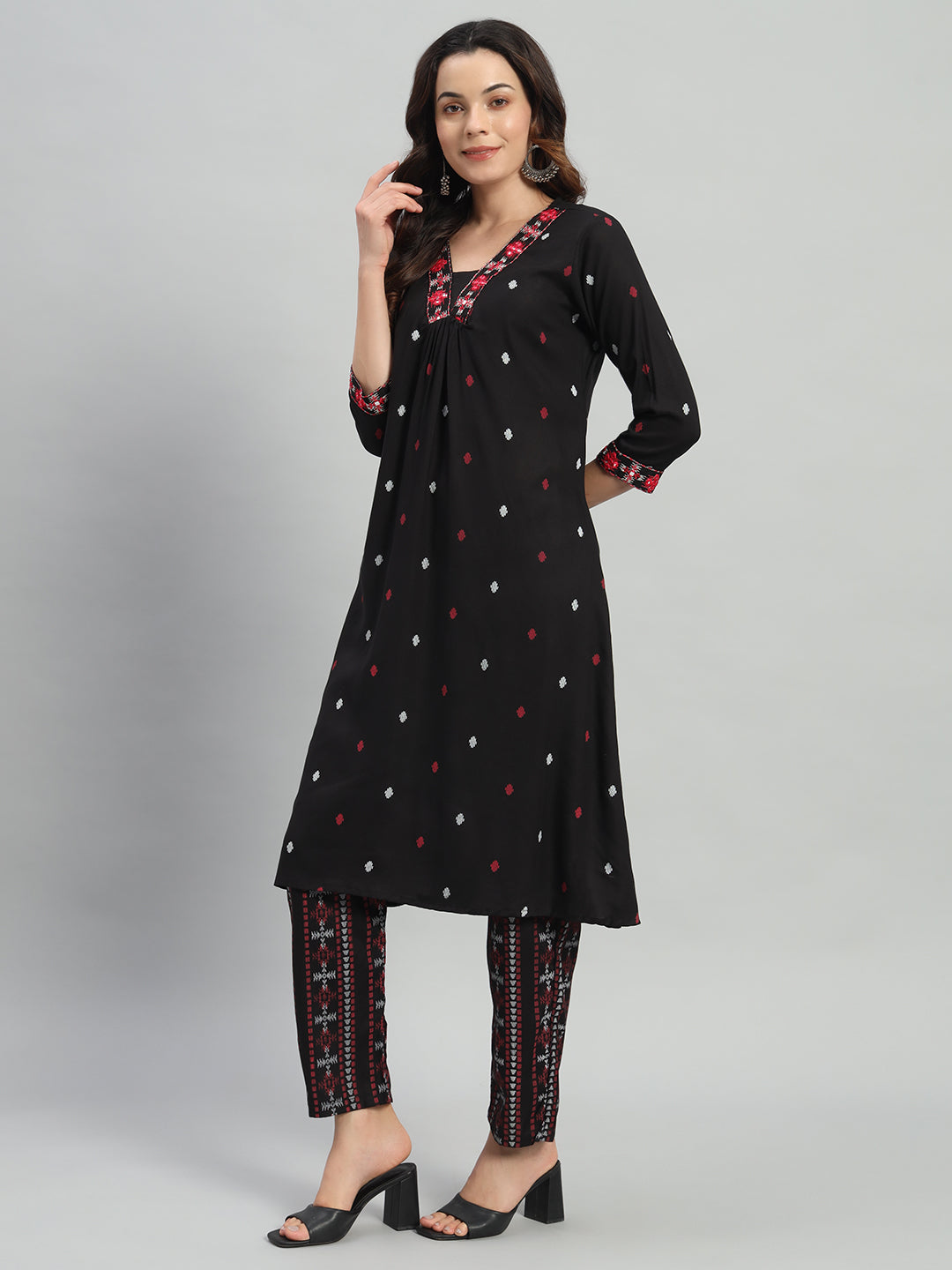 Black Printed Cotton Blend A-line Suit Set