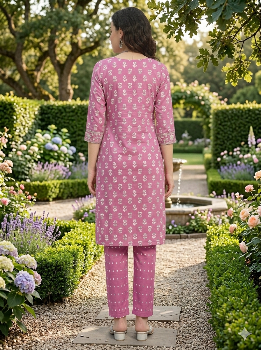 Pink Printed Cotton Blend Straight Kurta Pant Set