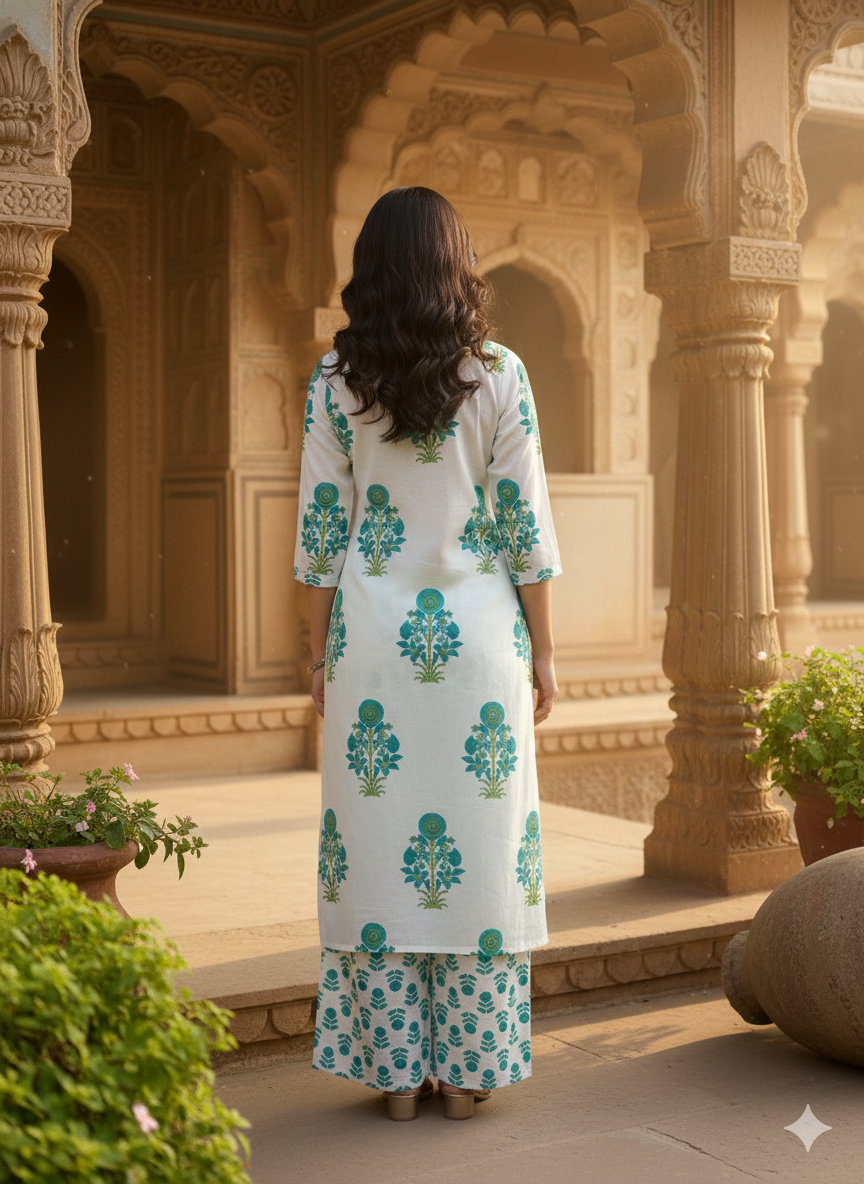 Blue Printed Cotton Blend Straight Kurta Pant Set